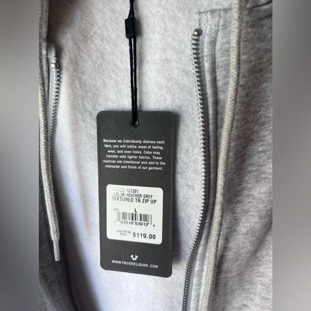 New Mens True Religion L Hooded Sweatshirt Gray Hoodie Zip‎ Up Jacket